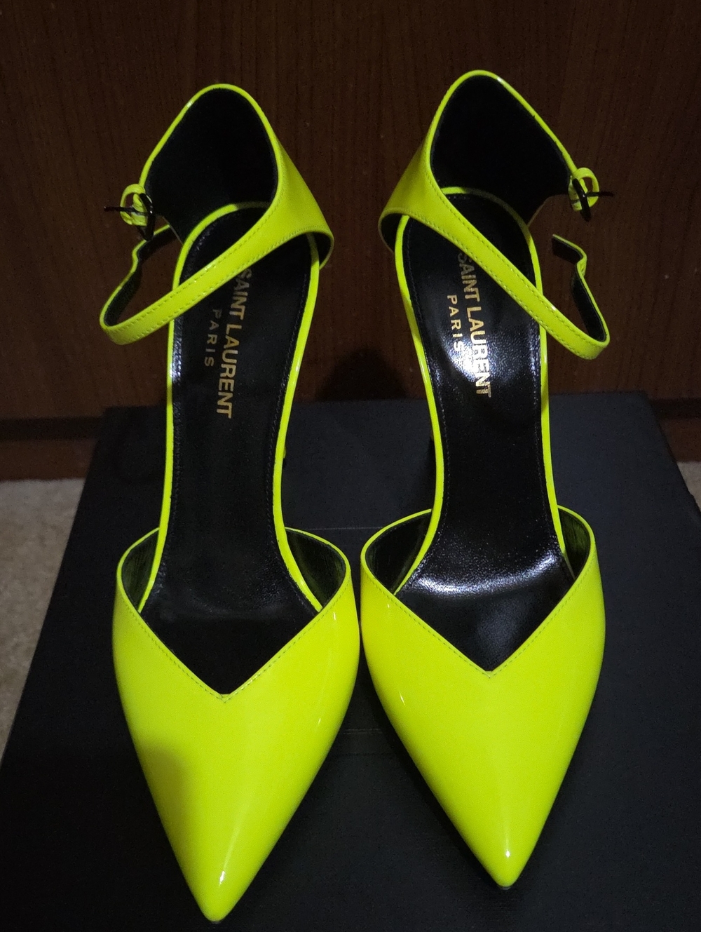 Saint Laurent Neon Yellow Patent Leather Pointed-Toe Ankle-Strap Pumps